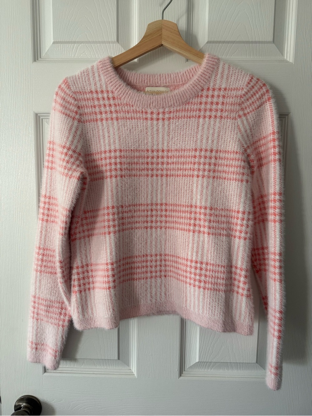85. CYNTHIA ROWLEY FUZZY CREW NECK PLAID SWEATER SZ S